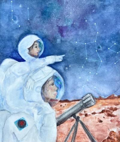 stronauts on Mars with telescope